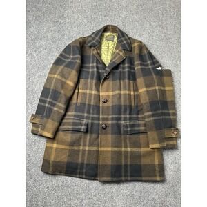 Mens Wool Pendleton Plaid Coat Brown Black Quilted Lined Mid Century, Size L